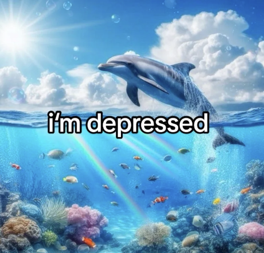 Dolphin Symphony Meme with the caption "I'm depressed"